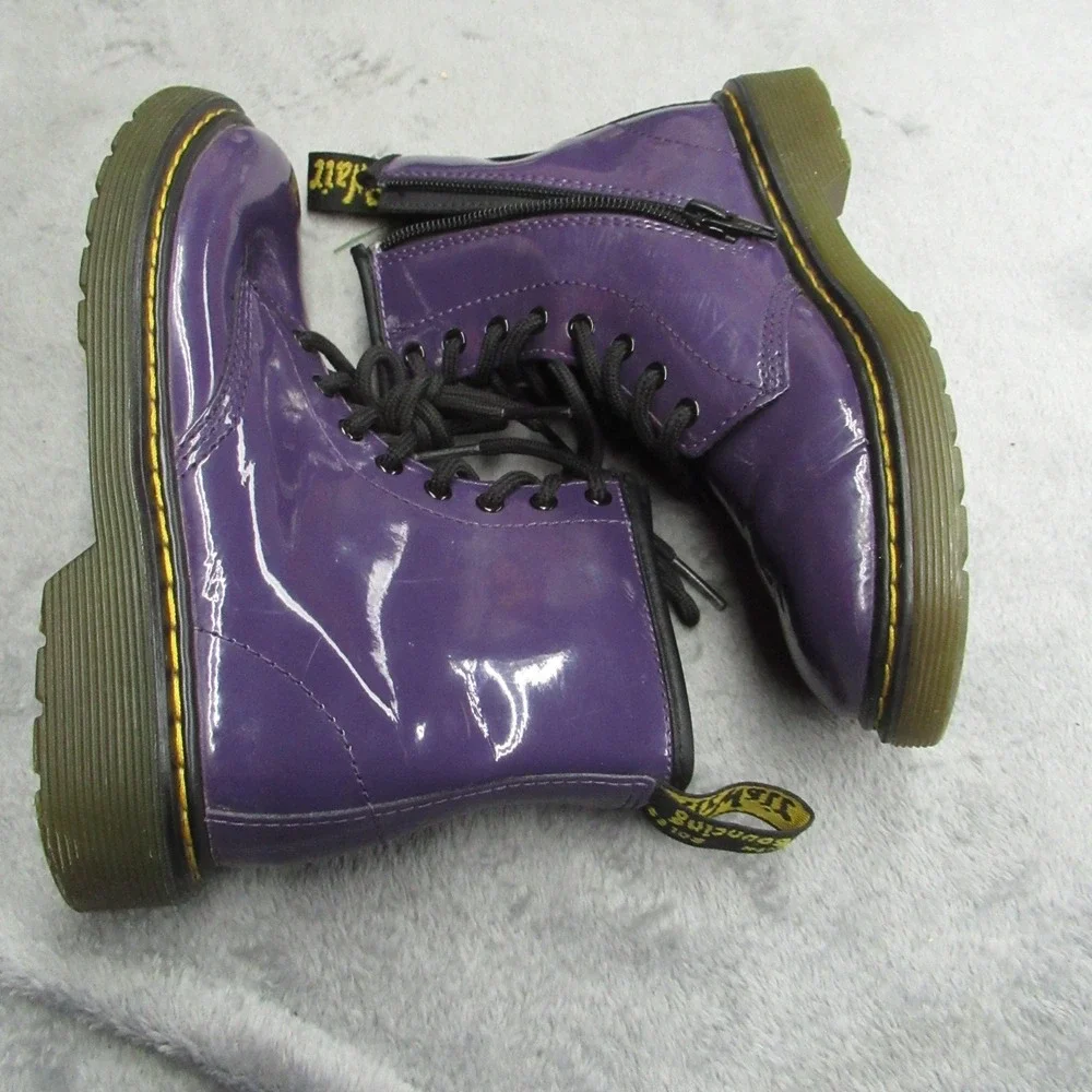 Dr Martens Boots Youth 2 Purple Leather Combat Side Zip CHunky Glossy Waterproof